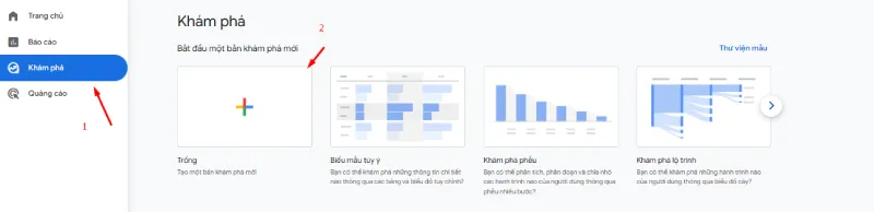 Đi đến khu vực “ Khám phá ” trong bảng điều khiển GA