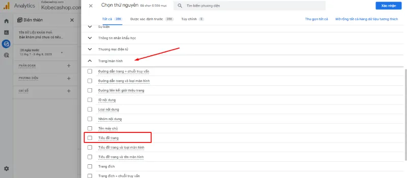 Chọn “Tiêu đề trang” (nằm trong danh mục “Trang / màn hình”)