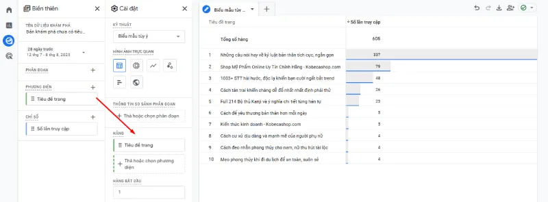 Kéo “Tiêu đề trang” vào vùng “Hàng”. Thao tác này sẽ liệt kê các trang dưới dạng tiêu đề hàng