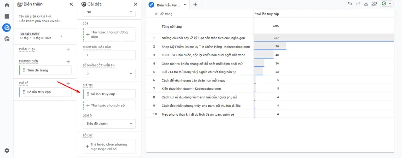 Kéo chỉ số “Lượt truy cập” vào vùng “GIÁ TRỊ”. Thao tác này sẽ hiển thị số lượt truy cập đã bắt đầu trên mỗi trang