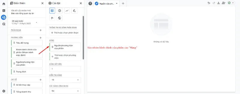 Nhấp và kéo Nguồn/ phiên tiện của phiên vào hộp Hàng