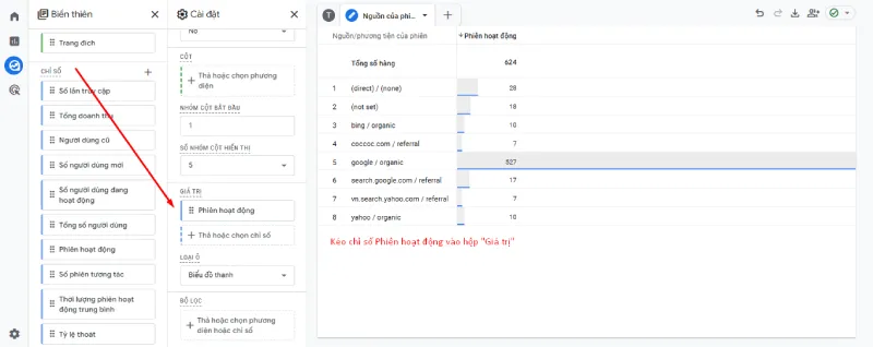 Nhấp và kéo Phiên hoạt động vào hộp Giá trị