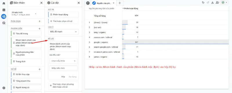 Nhấp và kéo Nhóm kênh chính của phiên (Nhóm kênh mặc định) vào hộp Bộ lọc