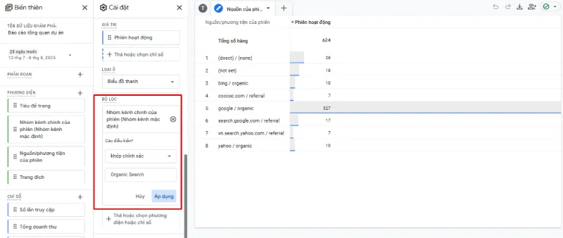 Cấu hình bộ lọc để khớp chính xác và nhập/chọn "Organic Social" trong trường Nhập biểu thức