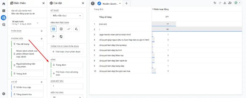 Chỉ cần đổi Nguồn/ phương tiện của phiên thành Trang đích trong hộp Hàng